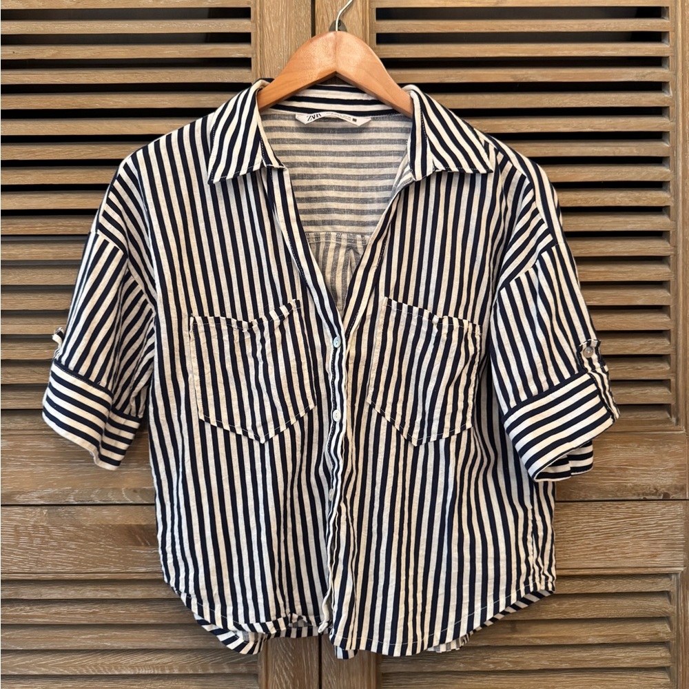 Zara Linen/Viscose Striped Button-Front Shirt - Navy & White | Size M